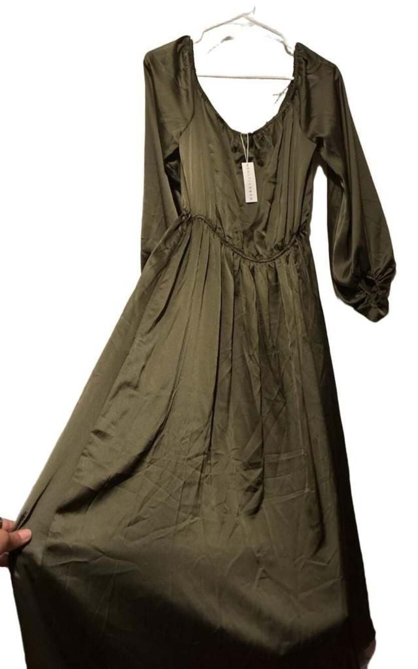 Balticborn Satin Long Sleeve Maxi Dress in Olive Green, Size XL